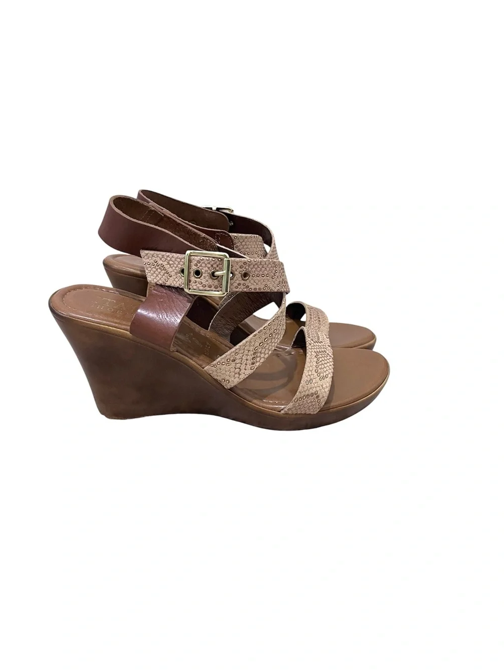 Italian Shoemakers Brown Leather and Beige Wedge Sandals Size 8